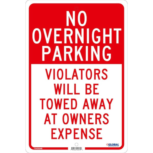 No Overnight Parking Violators Will Be Towed, 18x12, .063 Aluminum